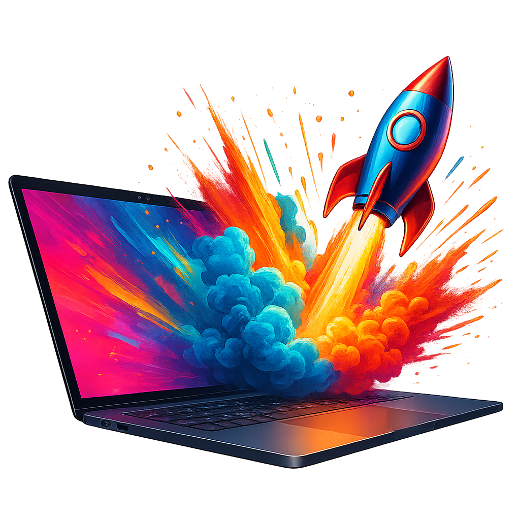 about us image rocketship coming out of a laptop
