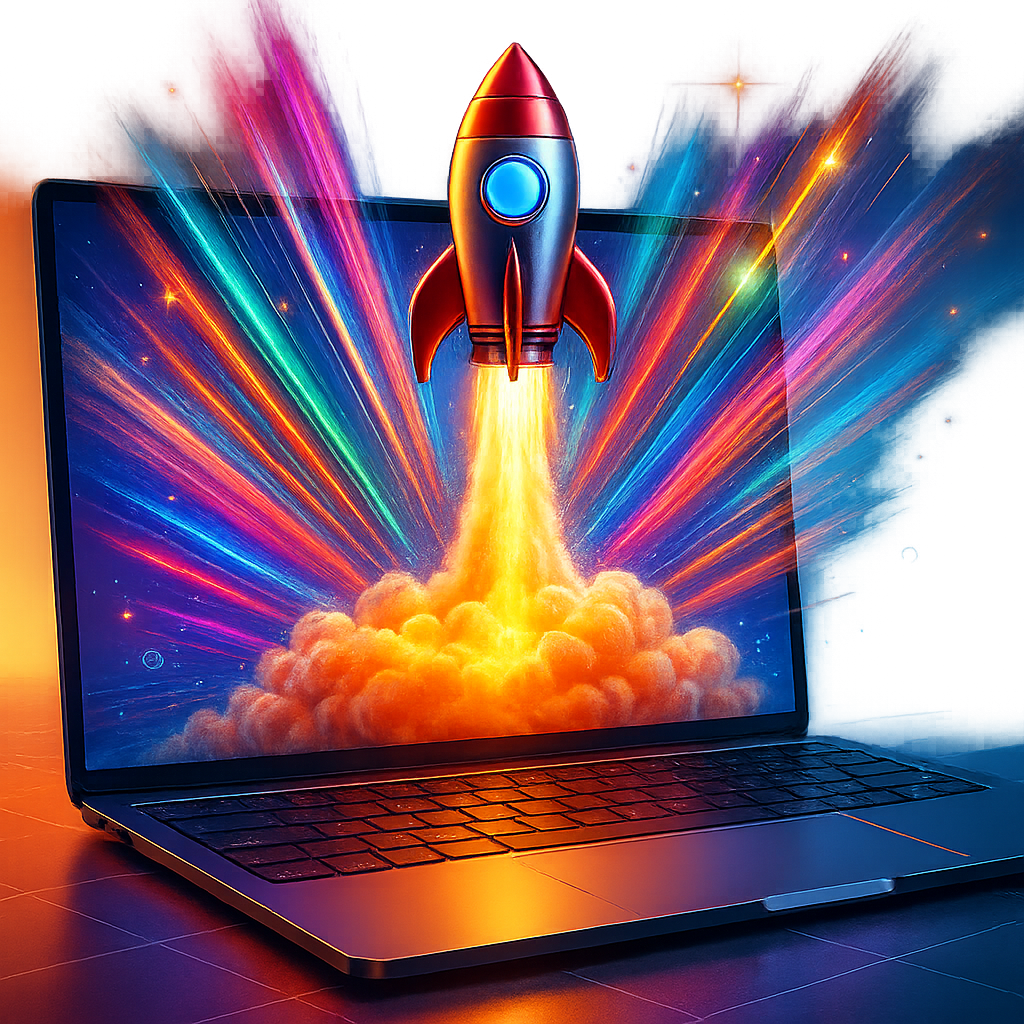rocketship theme coming out of the laptop