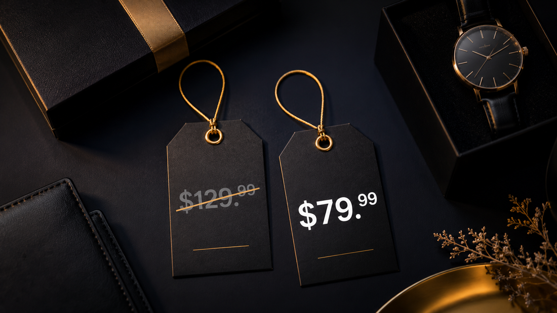 Two black price tags with gold text on a dark surface, one displaying $129.99 and the other $79.