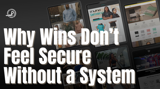 Blog banner with bold white text reading “Why Wins Don’t Feel Secure Without a System” over a dark background with blurred ecommerce dashboard visuals, representing instability despite Shopify success.