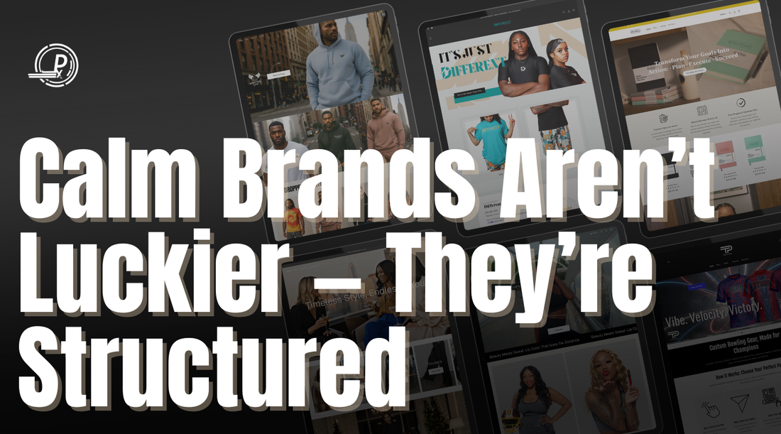 Blog banner with bold white text reading “Calm Brands Aren’t Luckier — They’re Structured” over a dark background with abstract ecommerce dashboard visuals, emphasizing order over chaos.