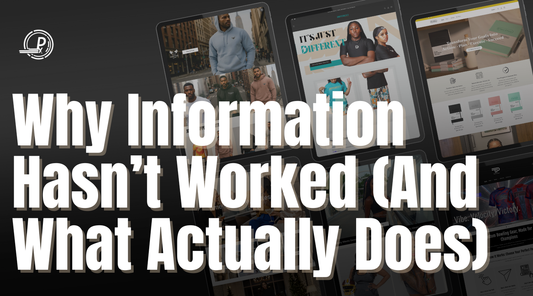 Blog banner with bold white text reading “Why Information Hasn’t Worked (And What Actually Does)” over a dark background with abstract ecommerce dashboard visuals, emphasizing clarity over overload.