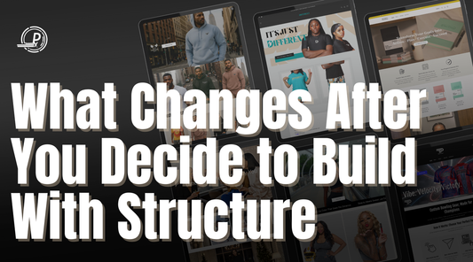 Blog banner with bold white text reading “What Changes After You Decide to Build With Structure” over a dark background with abstract ecommerce dashboard visuals, representing calm commitment.