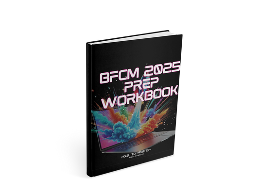 Black workbook titled 'BFCM 2025 Prep Workbook' with colorful design on a white background